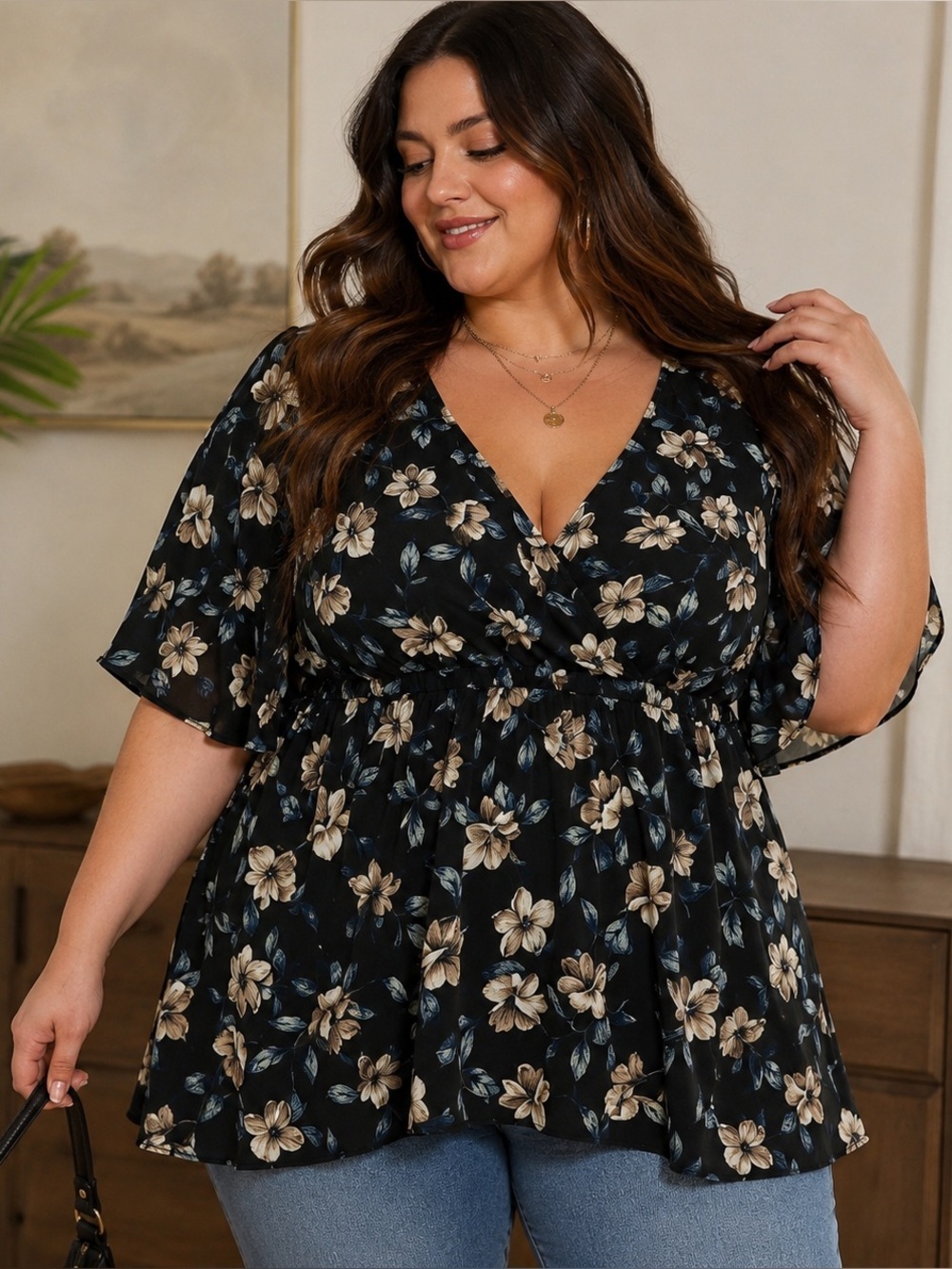 Torrid Women’s Size 1 (1X) Black Floral Babydoll Tunic Top Flutter Sleeve Boho